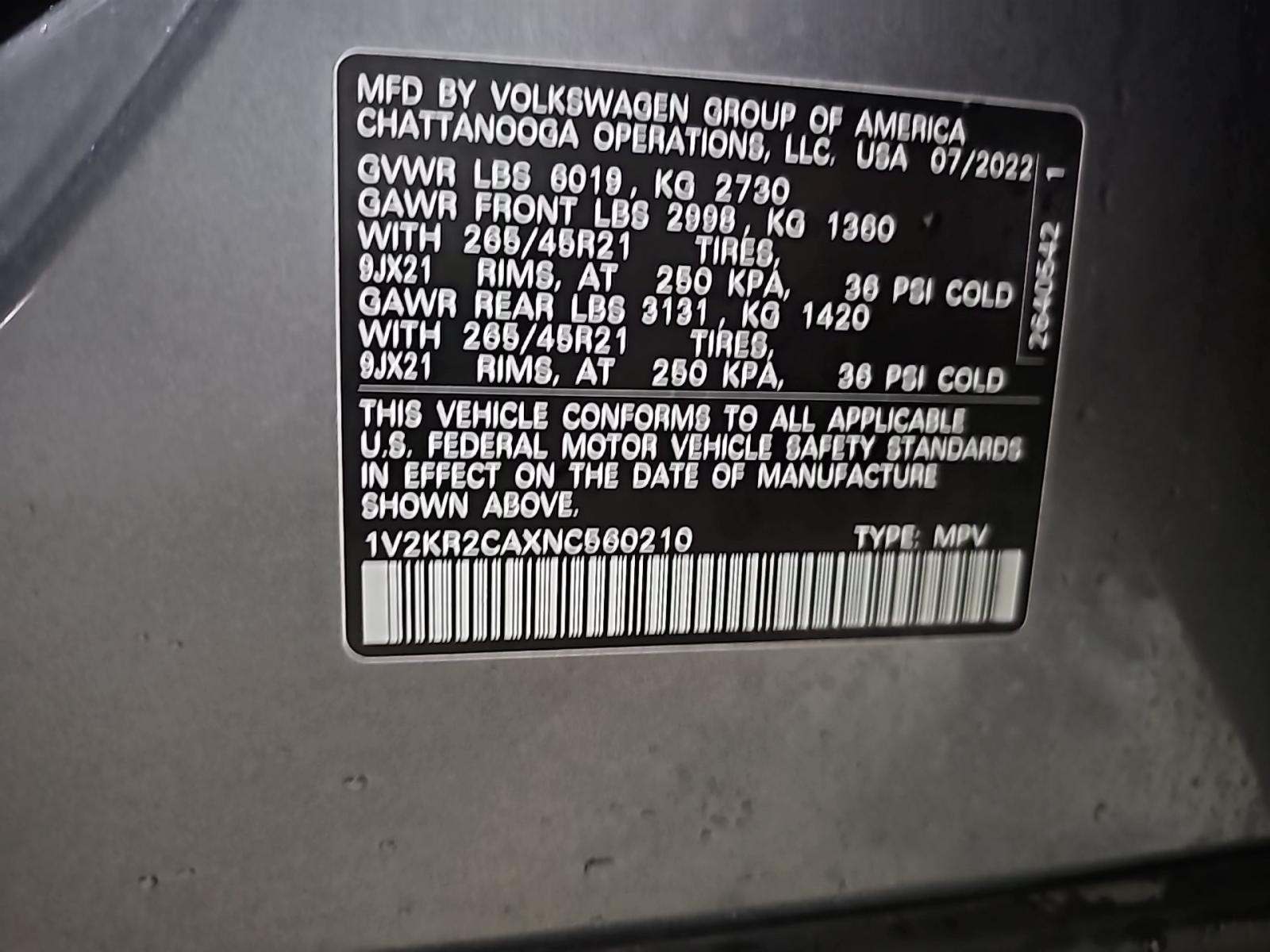 2022 Volkswagen Atlas 3.6L SE AWD