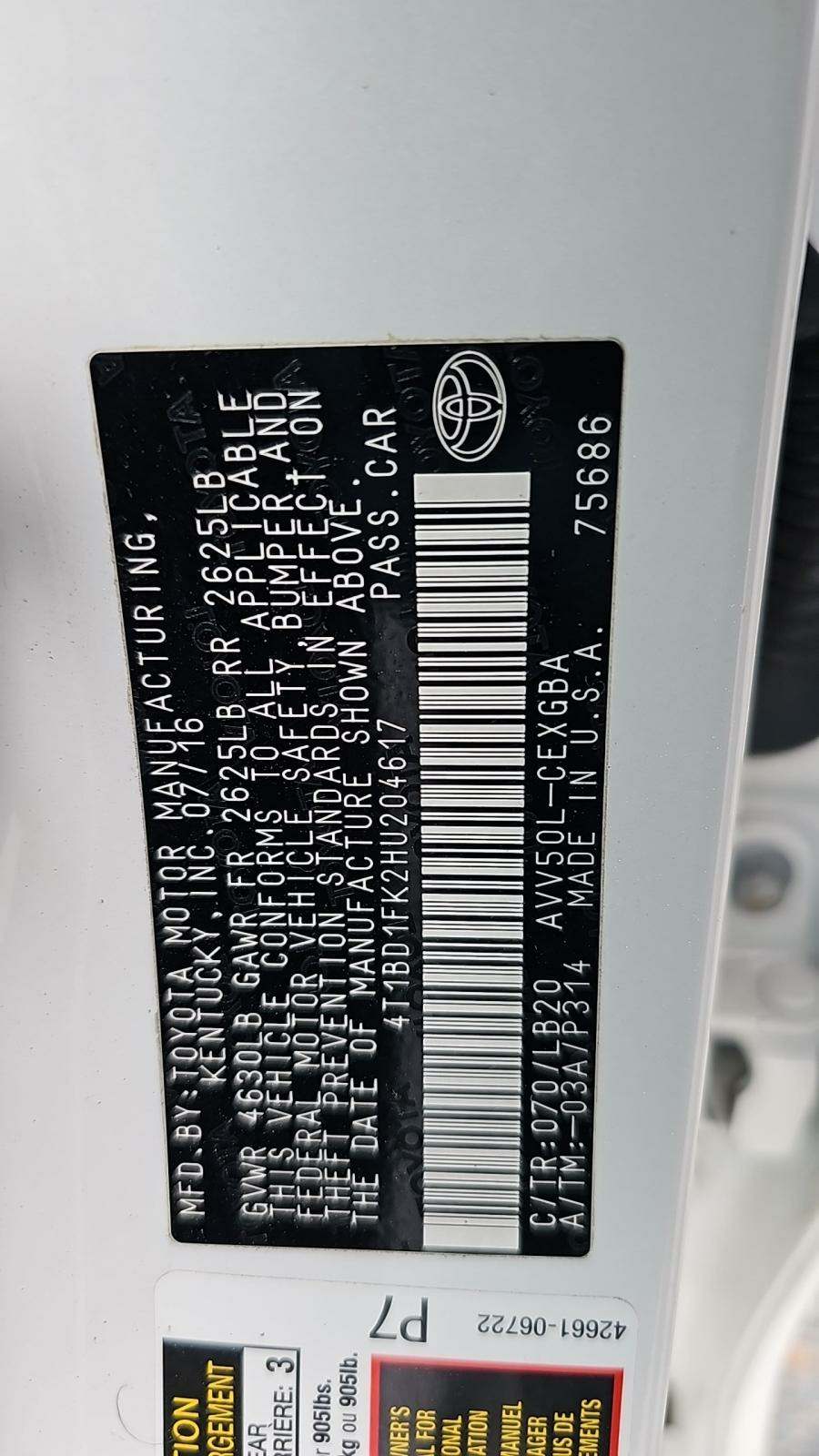 2017 Toyota Camry Hybrid XLE FWD