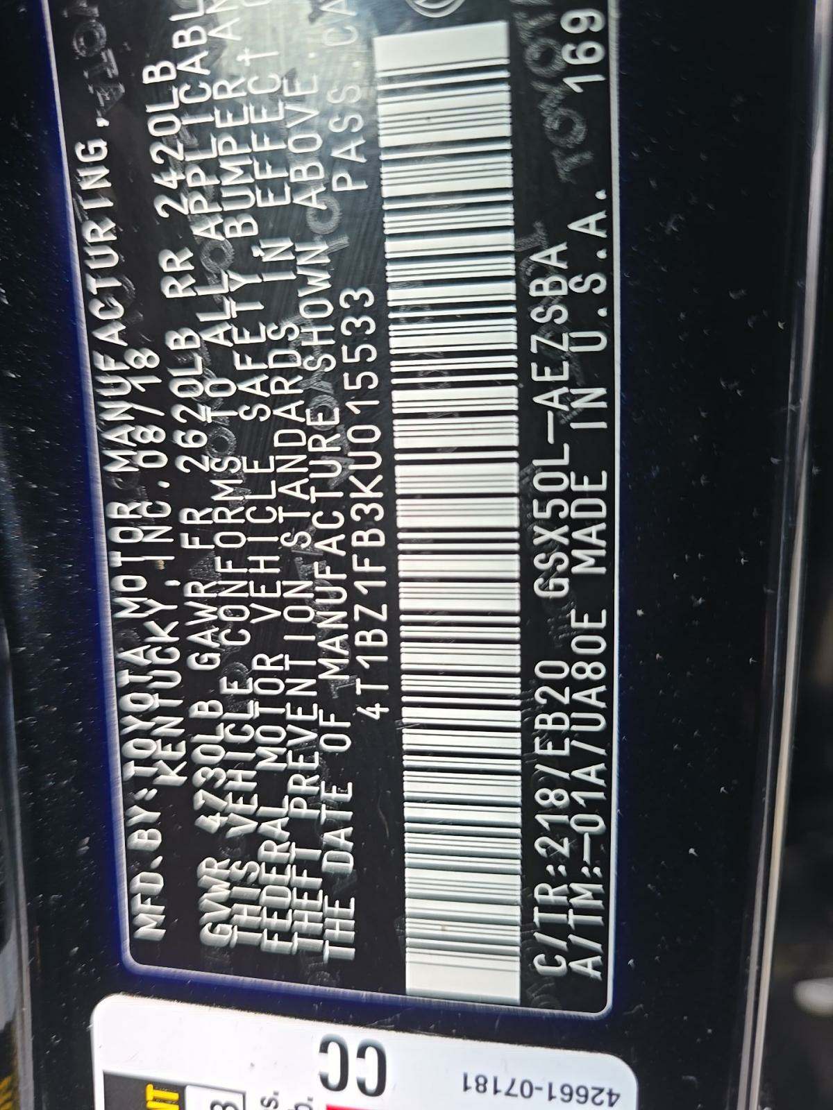 2019 Toyota Avalon Touring FWD