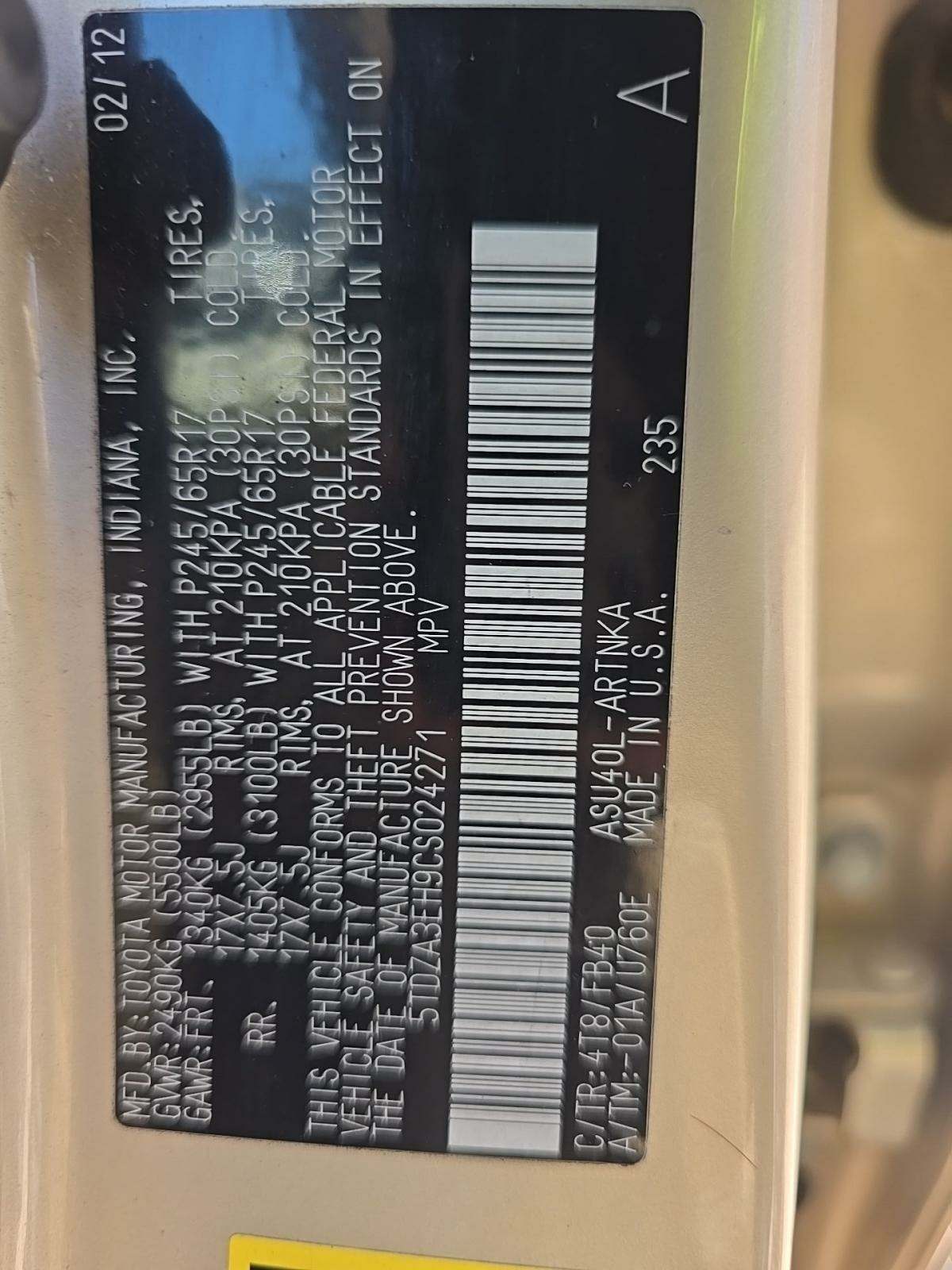 2012 Toyota Highlander Base FWD