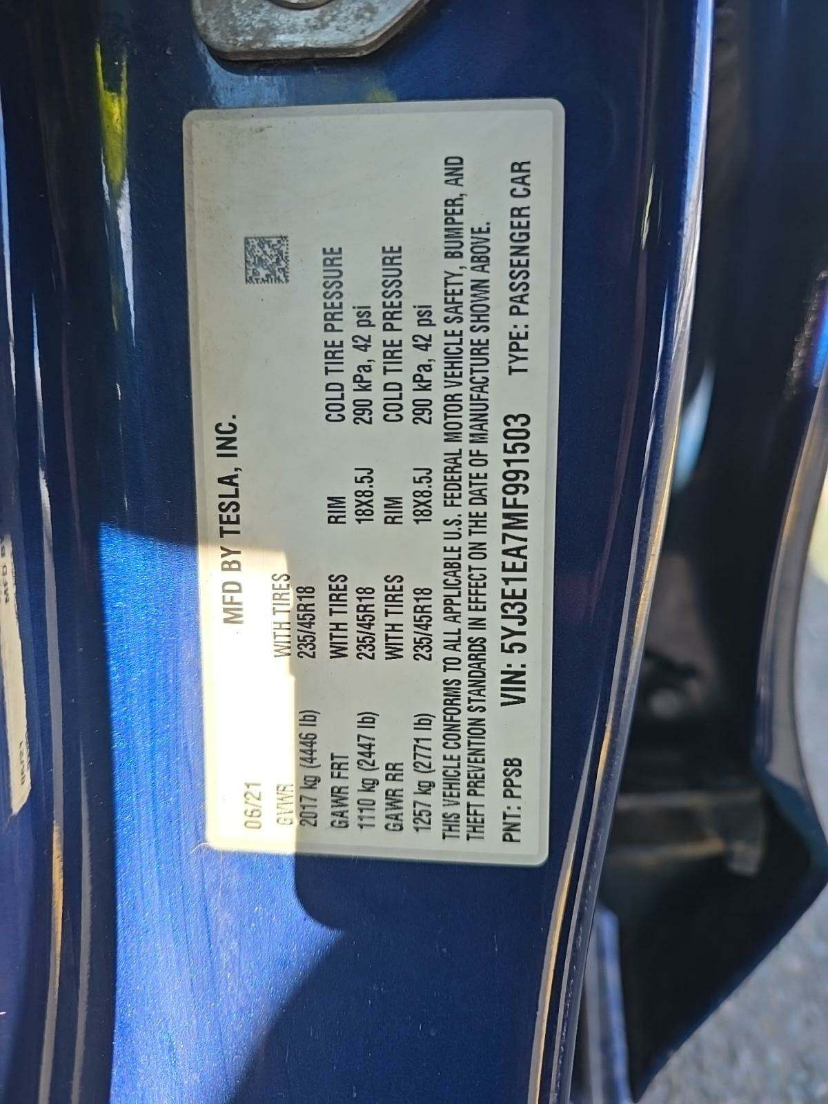 2021 Tesla Model 3 Standard Range Plus RWD