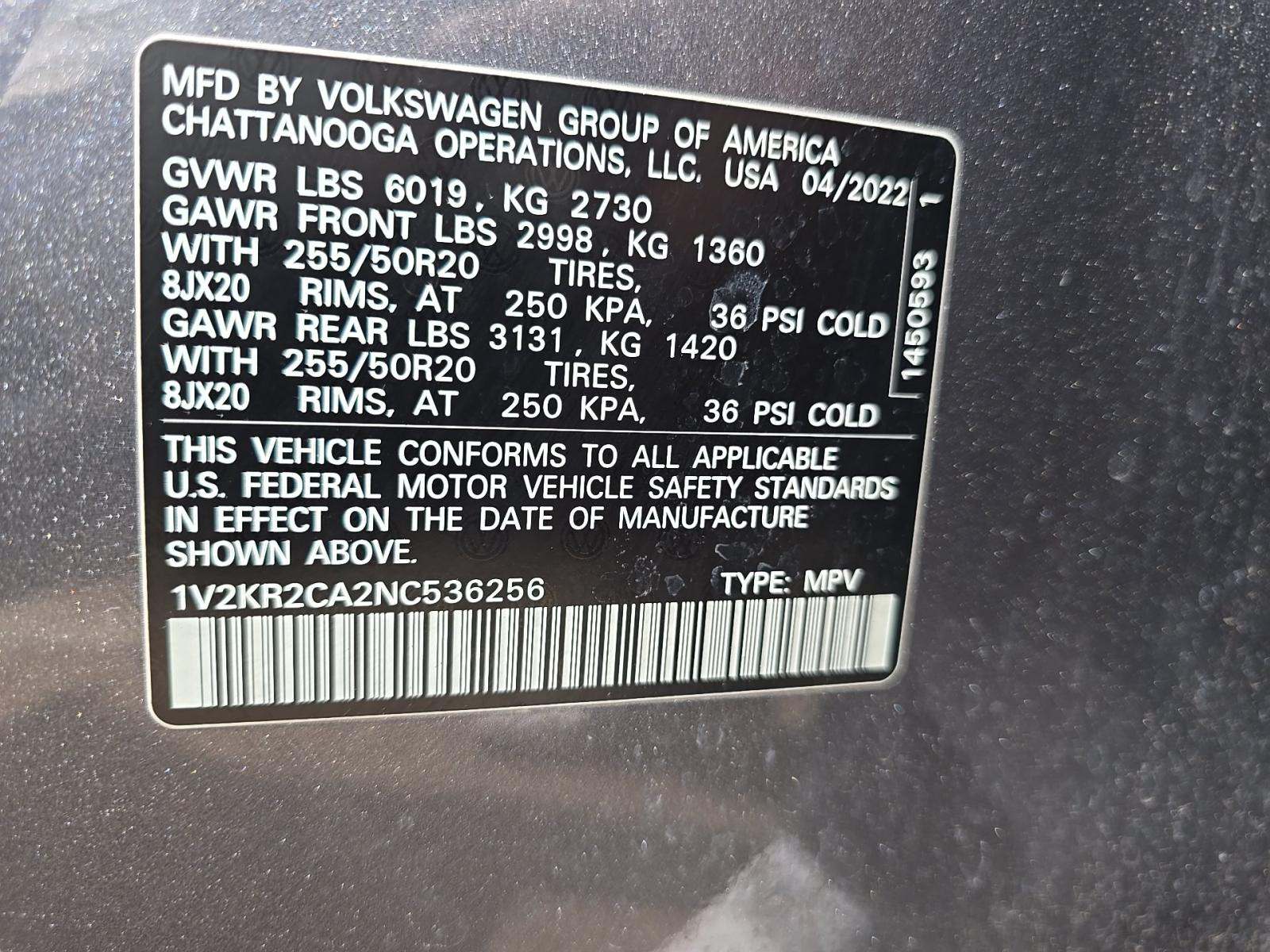 2022 Volkswagen Atlas 3.6L SE AWD