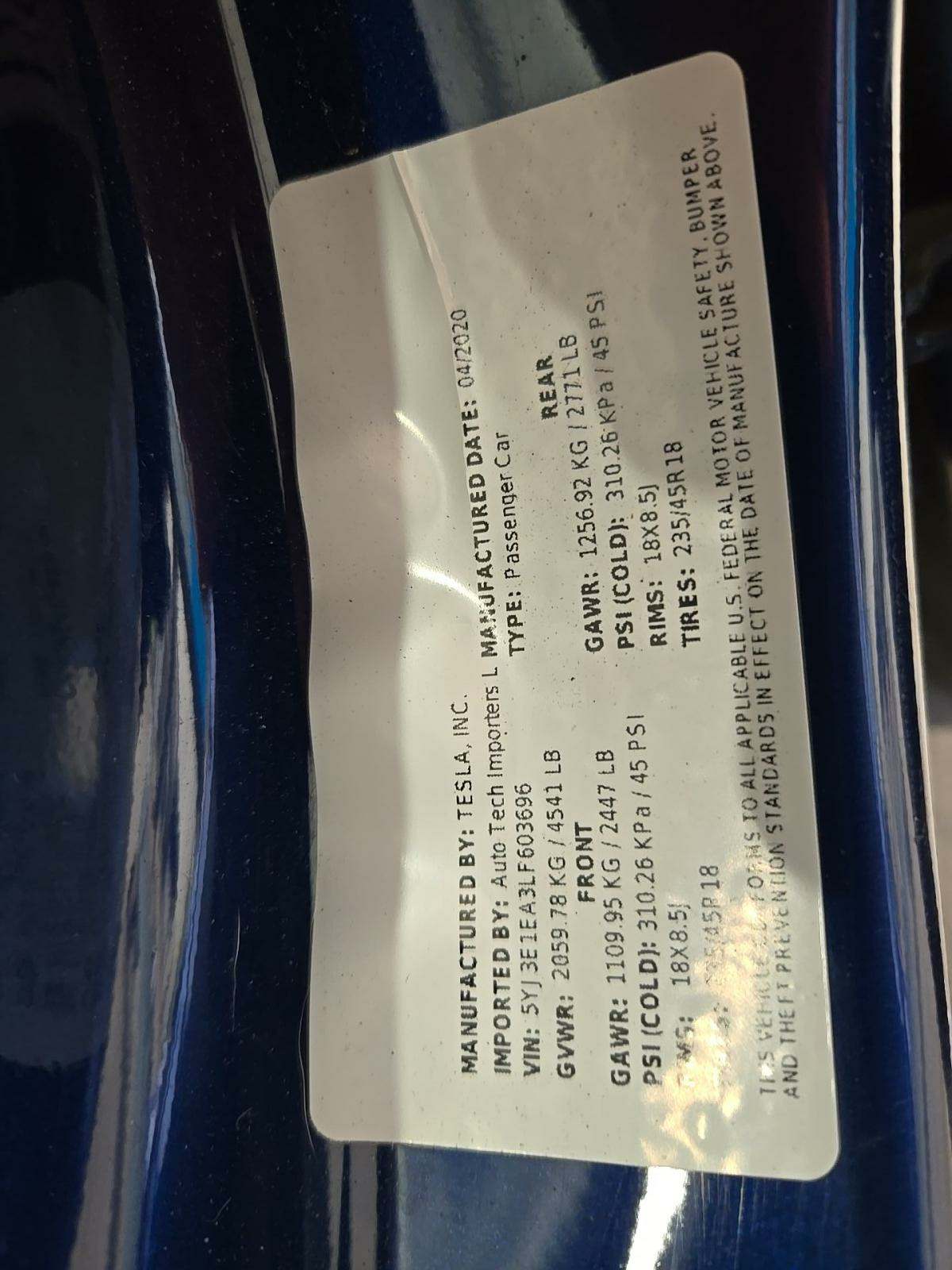 2020 Tesla Model 3 Standard Range Plus RWD